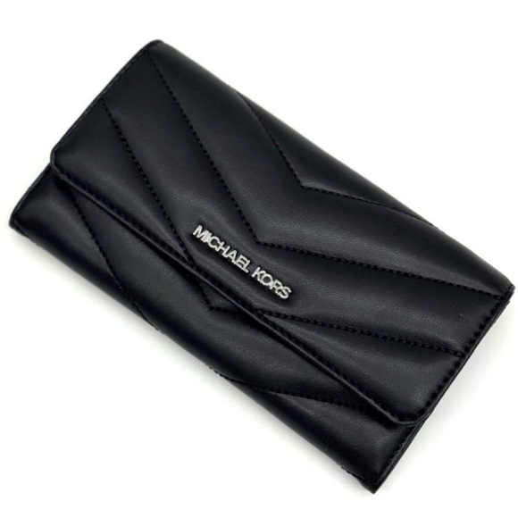 Michael Kors Large Quilted Trifold Wallet Black/Silver - Picture 1 of 7